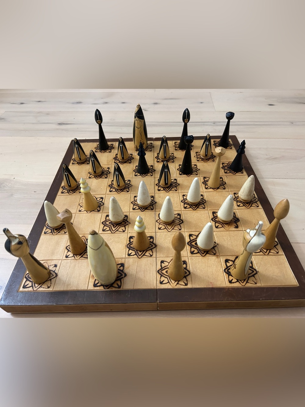 Vintage Hand-Carved Clergy Chess Set Polish Folk Art Folding Wooden Board